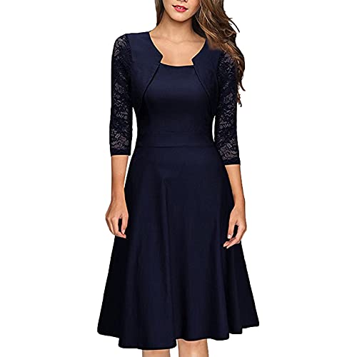 Damen Abendkleid Knielang 3/4 Ärmel Party Kleid Herbstkleid Spitzenkleid Damen Elegant Kleider Midi A-Linie Business Cocktailkleid Vintage Kleid von Sisifa