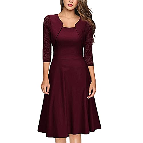 Damen Abendkleid Knielang 3/4 Ärmel Party Kleid Herbstkleid Spitzenkleid Damen Elegant Kleider Midi A-Linie Business Cocktailkleid Vintage Kleid von Sisifa