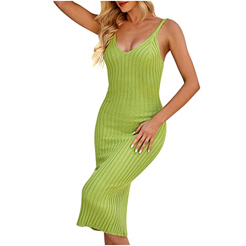 Damen Bodycon Midi Kleid V-Ausschnitt Ärmellos gerippt Strick Spaghetti Träger Party Kleid Enges Cocktailkleid Sommer Cami Kleider von Sisifa