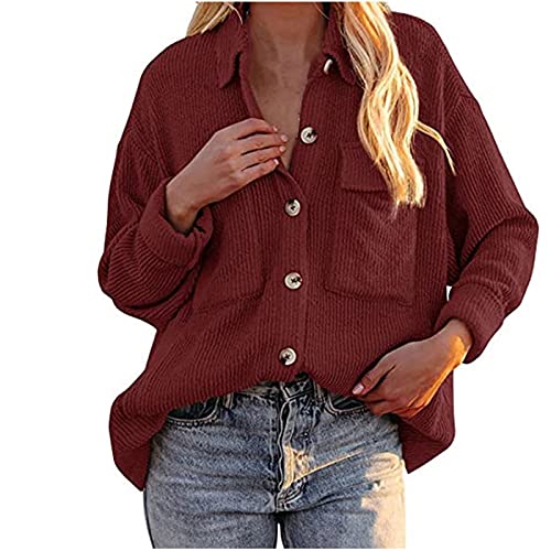 Damen Cord Shacket Shirt Button Down Hemd Lässige Langarm Oberteile Einfarbig Oversized BoyfriendJacke Bluse Freizeit Hemdbluse von Sisifa