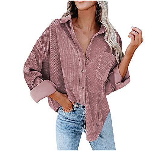 Sisifa Damen Cord Shacket Shirt Button Down Hemd Lässige Langarm Oberteile Einfarbig Oversized BoyfriendJacke Bluse Freizeit Hemdbluse, XL, F-rosa von Sisifa