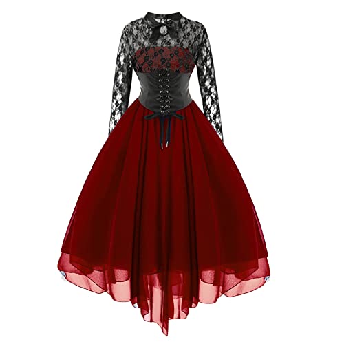 Damen Gothic Kleid Spitze Korsett Langarm Lace Up Punk Style Langes Kleid Chiffon Vintage Abendkleid Partykleid Cocktailkleid von Sisifa