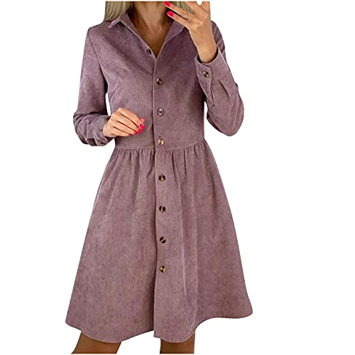 Damen Kleid Elegant Cord Shirtkleid Casual Kleider für Frauen Herbst Button Down Hemdkleid Lose Swing Revers Langarm Hohe Taille Cord Minikleid Freizeitkleid von Sisifa