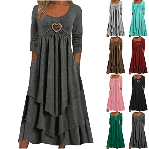 Damen Langarm Midi Kleid Sommer Casual Hohe Taille Rüsche Layered Liebe Herz Twist Front A-Linie Kleid Lang Partykleid Cocktailkleid mit Taschen von Sisifa