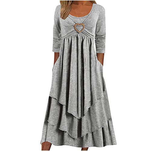 Damen Langarm Midi Kleid Sommer Casual Hohe Taille Rüsche Layered Liebe Herz Twist Front A-Linie Kleid Lang Partykleid Cocktailkleid mit Taschen von Sisifa