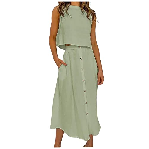 Damen Rundhals Ärmelloses Tank Top mit Button Down A Line Maxi Röcke 2-teiliges Set Sommer Outfit Kleid von Sisifa