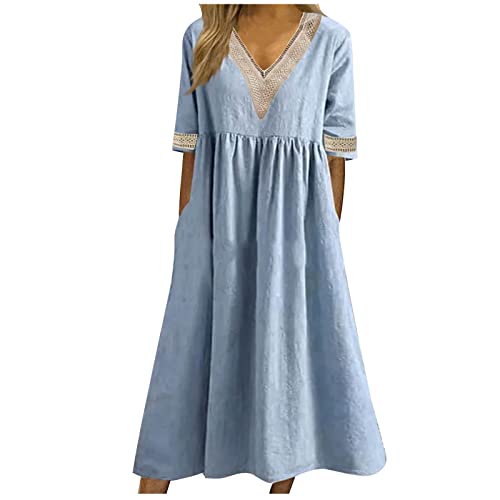 Damen Spitze Panel Swing Flowy Maxi Kleid Baumwolle Leinen Kleid 2023 Sommer Kleid Casual Boho Kleid Kurzarm Langes Kleid Freizeitkleid Strandkleid mit Taschen von Sisifa