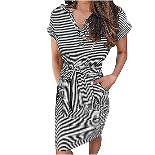 Gestreiftes Kurzarm T-Shirt Kleid Damen Sommer Lässig Krawatte Taille Knopf V-Ausschnitt Tunikakleid Strandkleid Sommerkleid mit Taschen von Sisifa