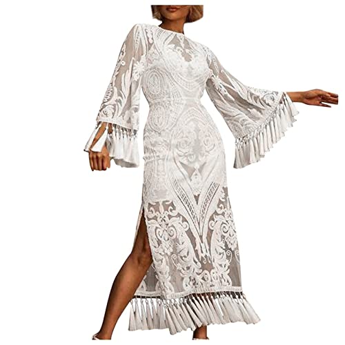 Kleid Damen Spitze Crochet Saum Quaste Saum Blumenmuster Glockenärmel Schlitz Boho Bodycon Lang Kleid für Party Cocktail von Sisifa