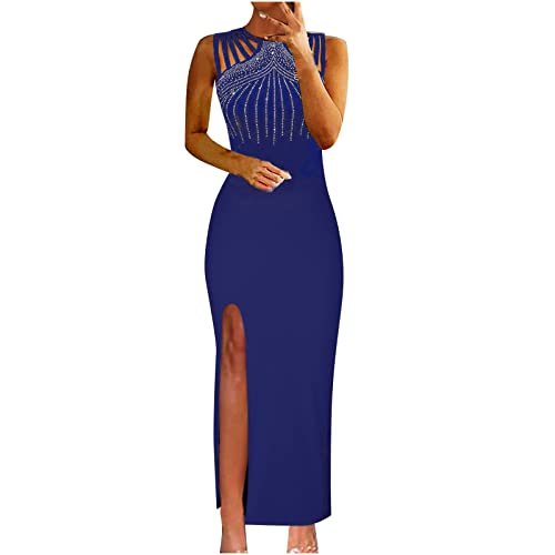 Lang Abendkleid Damen Ärmellos Strappy Neck Schlitz Bodycon Kleid Elegantes Strass Slim Fit Cocktailkleid Partykleid Maxi Kleid von Sisifa