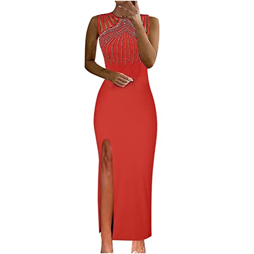 Lang Abendkleid Damen Ärmellos Strappy Neck Schlitz Bodycon Kleid Elegantes Strass Slim Fit Cocktailkleid Partykleid Maxi Kleid von Sisifa