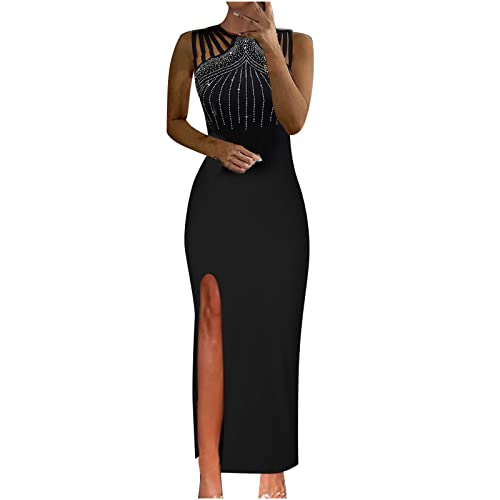 Lang Abendkleid Damen Ärmellos Strappy Neck Schlitz Bodycon Kleid Elegantes Strass Slim Fit Cocktailkleid Partykleid Maxi Kleid von Sisifa