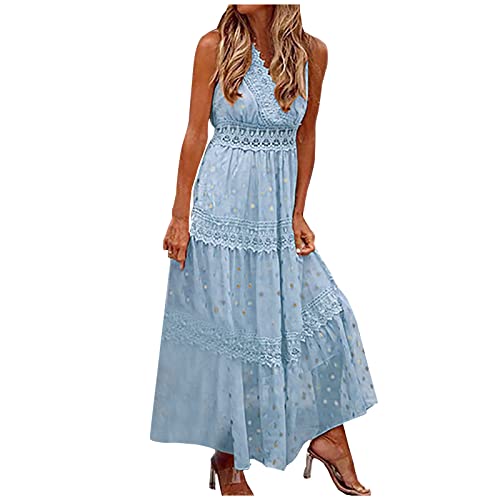 Maxi Kleider Damen Sommer Aushöhlen Einfarbig Spitze Lang Kleid Boho Strandkleider Sommerkleid Tiefem V-Ausschnitt Flowy Swing Kleid von Sisifa