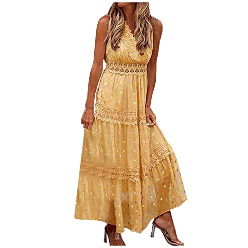 Maxi Kleider Damen Sommer Aushöhlen Einfarbig Spitze Lang Kleid Boho Strandkleider Sommerkleid Tiefem V-Ausschnitt Flowy Swing Kleid von Sisifa