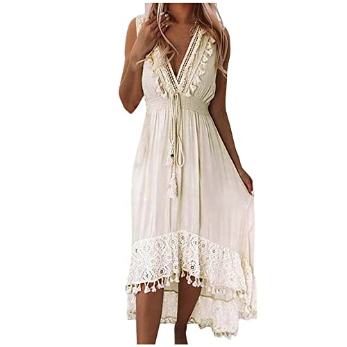 Maxi Kleider Damen Sommer Aushöhlen Einfarbig Spitze Lang Kleid Boho Strandkleider Sommerkleid Tiefem V-Ausschnitt Flowy Swing Kleid von Sisifa