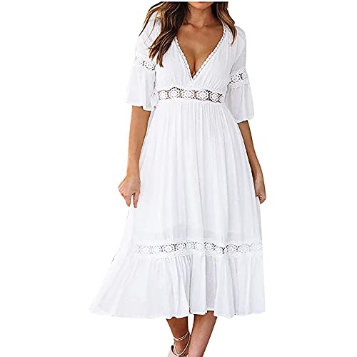 Maxi Kleider Damen Sommer Aushöhlen Einfarbig Spitze Lang Kleid Boho Strandkleider Sommerkleid Tiefem V-Ausschnitt Flowy Swing Kleid von Sisifa