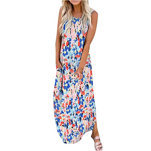 Maxikleid Damen Ärmellos Casual Lose Sommerkleid Plus Size Langes Kleid Blumendruck Schlitz Maxi Kleider Sommer Strandkleid Partykleid mit Taschen von Sisifa