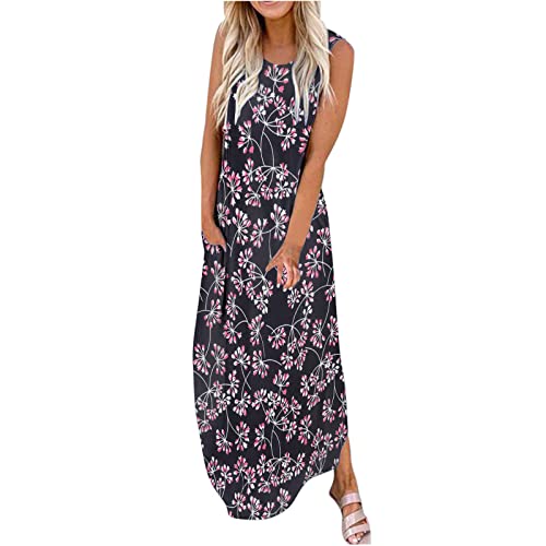 Maxikleid Damen Ärmellos Casual Lose Sommerkleid Plus Size Langes Kleid Blumendruck Schlitz Maxi Kleider Sommer Strandkleid Partykleid mit Taschen von Sisifa