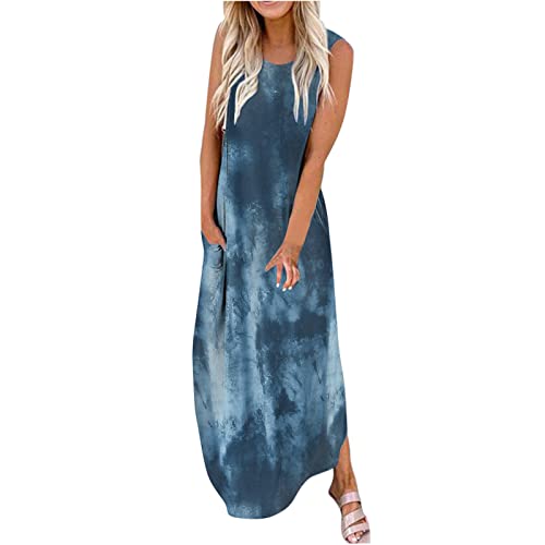 Maxikleid Damen Ärmellos Casual Lose Sommerkleid Plus Size Langes Kleid Blumendruck Schlitz Maxi Kleider Sommer Strandkleid Partykleid mit Taschen von Sisifa