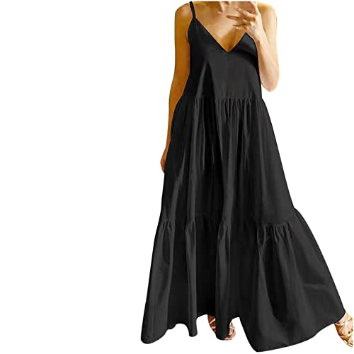 Maxikleid Damen Sommer, Ärmellos Maxi Kleid Casual Boho Spaghetti Strap Rüsche Tiered Einfarbige V-Ausschnitt Flowy Lange Strandkleid Sommerkleid von Sisifa