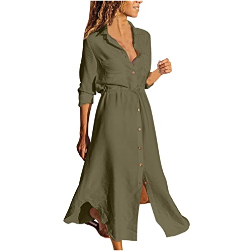 Maxikleider Damen Sommer Leinen Hemdkleid Casual Lose Maxikleid Partykleid Einfarbig Button Down Langarm Shirtkleider Plus Size Sommerkleider von Sisifa