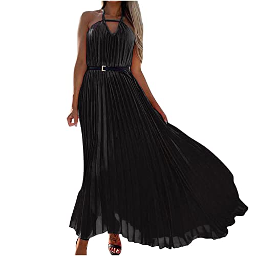 Sexy Rückenfreies Kleid Damen Plissee Langes Kleid Strand Party Spaghettiträger Maxikleid Einfarbig Neckholder Flowy Swing Slip Abendkleid Cocktailkleid Ballkleid von Sisifa