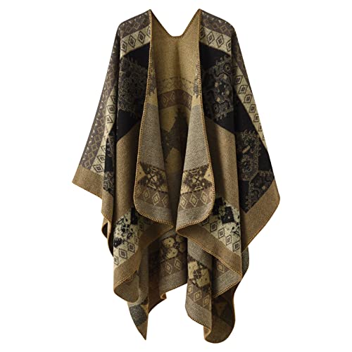 Sisifa Damen Boho Pullover Poncho Schal Wrap Cape Mantel Winter Herbst Vintage Print Stricken vorne offene Strickjacke Decke, Grün 1, Einheitsgröße von Sisifa