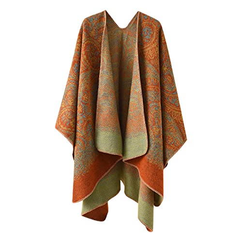 Sisifa Damen Boho Pullover Poncho Schal Wrap Cape Mantel Winter Herbst Vintage Print Stricken vorne offene Strickjacke Decke, Orange, Einheitsgröße von Sisifa