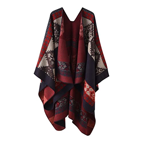 Sisifa Damen Boho Pullover Poncho Schal Wrap Cape Mantel Winter Herbst Vintage Print Stricken vorne offene Strickjacke Decke von Sisifa