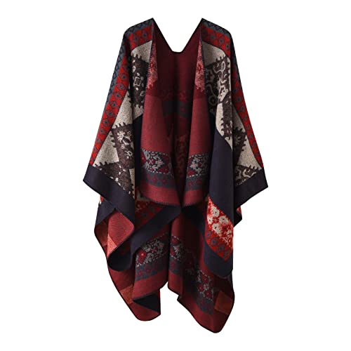 Sisifa Damen Boho Pullover Poncho Schal Wrap Cape Mantel Winter Herbst Vintage Print Stricken vorne offene Strickjacke Decke von Sisifa