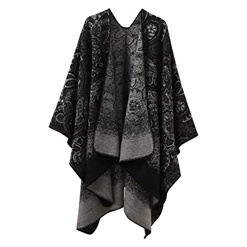 Damen Boho Pullover Poncho Schal Wrap Cape Mantel Winter Herbst Vintage Print Stricken vorne offene Strickjacke Decke von Sisifa
