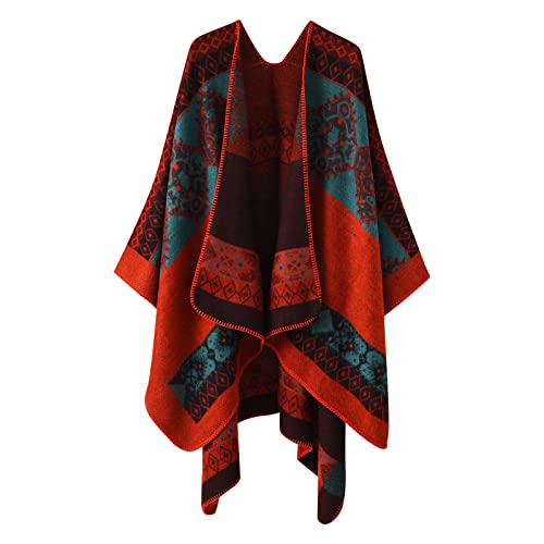 Sisifa Damen Boho Pullover Poncho Schal Wrap Cape Mantel Winter Herbst Vintage Print Stricken vorne offene Strickjacke Decke von Sisifa