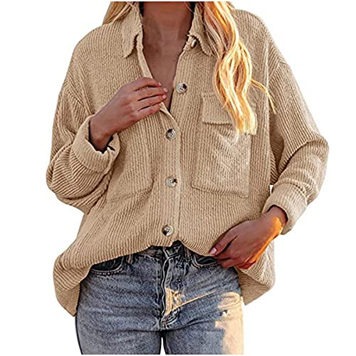 Sisifa Damen Cord Shacket Shirt Button Down Hemd Lässige Langarm Oberteile Einfarbig Oversized BoyfriendJacke Bluse Freizeit Hemdbluse von Sisifa