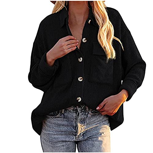 Sisifa Damen Cord Shacket Shirt Button Down Hemd Lässige Langarm Oberteile Einfarbig Oversized BoyfriendJacke Bluse Freizeit Hemdbluse von Sisifa