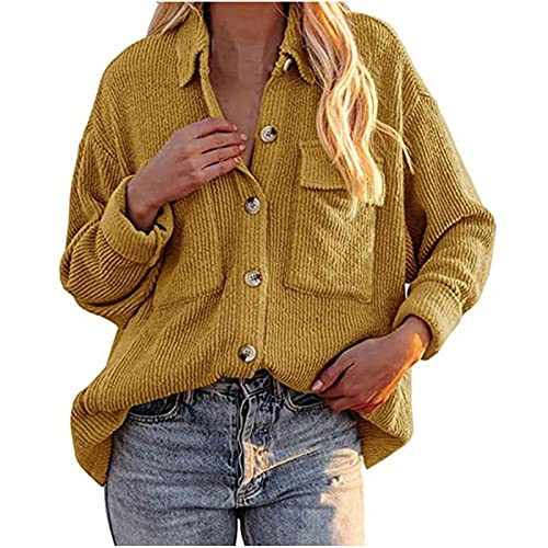 Sisifa Damen Cord Shacket Shirt Button Down Hemd Lässige Langarm Oberteile Einfarbig Oversized BoyfriendJacke Bluse Freizeit Hemdbluse von Sisifa