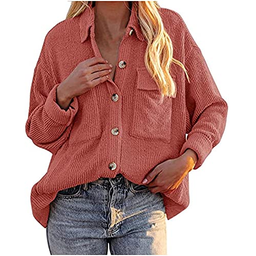 Sisifa Damen Cord Shacket Shirt Button Down Hemd Lässige Langarm Oberteile Einfarbig Oversized BoyfriendJacke Bluse Freizeit Hemdbluse von Sisifa