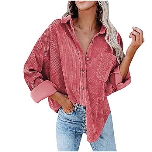 Damen Cord Shacket Shirt Button Down Hemd Lässige Langarm Oberteile Einfarbig Oversized BoyfriendJacke Bluse Freizeit Hemdbluse von Sisifa