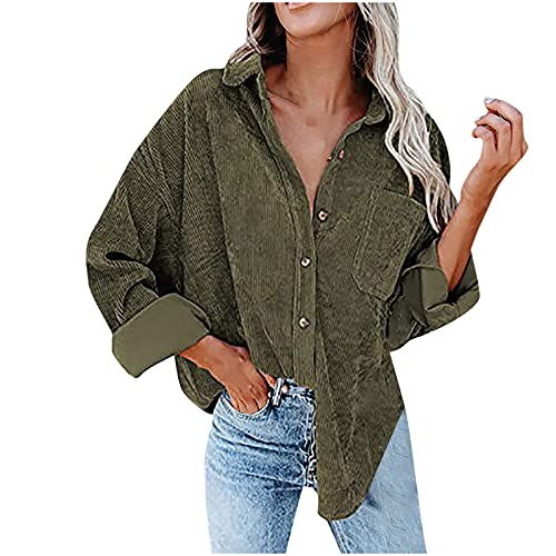 Damen Cord Shacket Shirt Button Down Hemd Lässige Langarm Oberteile Einfarbig Oversized BoyfriendJacke Bluse Freizeit Hemdbluse von Sisifa