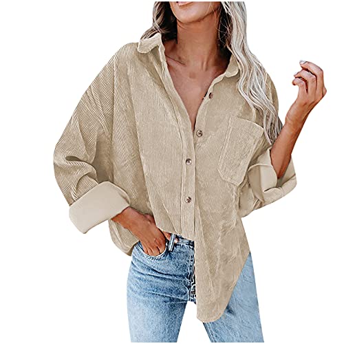 Sisifa Damen Cord Shacket Shirt Button Down Hemd Lässige Langarm Oberteile Einfarbig Oversized BoyfriendJacke Bluse Freizeit Hemdbluse von Sisifa
