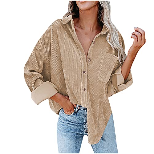 Sisifa Damen Cord Shacket Shirt Button Down Hemd Lässige Langarm Oberteile Einfarbig Oversized BoyfriendJacke Bluse Freizeit Hemdbluse, G-khaki, M von Sisifa