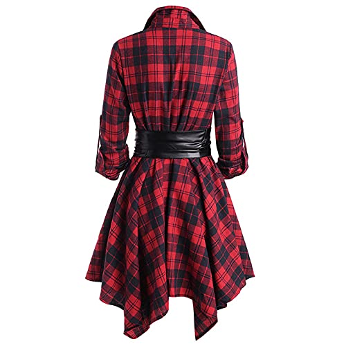 Sisifa Damen Kariertes Kleider unregelmäßiges Saum Freizeithemd Langarm Tunika Kleid Button Down Shirtkleider Gürtel Party Minikleid A-Linie Kleid Hemdkleid, Rot, L von Sisifa