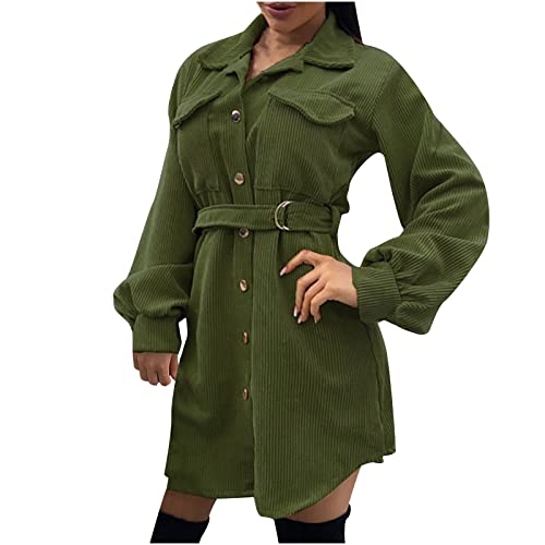 Sisifa Damen Mittellanger Cordmantel Elegante Einfarbige Button Down Mantel Jacke Mit Gürtel Langarm Winter Warme Oberbekleidung von Sisifa
