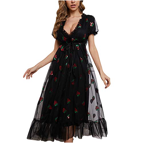 Sisifa Damen Puff Kurzarm Kleid Erdbeere Drucken Tiefer V-Ausschnitt Lace Up Rüschen Saum Flowy Empire Taille Damen Langes Kleid Partykleid Cocktailkleid Abendkleid von Sisifa