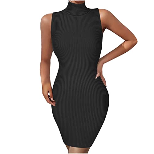 Sisifa Damen Sexy Bodycon Pulloverkleid Ärmellos Geripptes Strickkleid mit Rollkragen Party Club Cocktail Minikleid von Sisifa