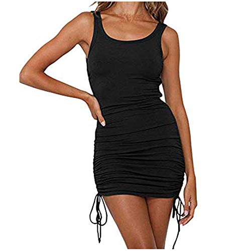 Sisifa Damen Sommerkleider Ärmellos Sexy Bodycon Geraffte Kordelzug Schlichtes Minikleid Tank Kleid Für Party Club von Sisifa