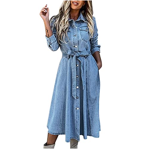 Sisifa Jeanskleid Damen Lässiges Revers Langes Geknöpftes Denim Kleid Lockere Hemdkleider mit Taschen Partykleid Langarm Midi Kleider mit Gürtel von Sisifa