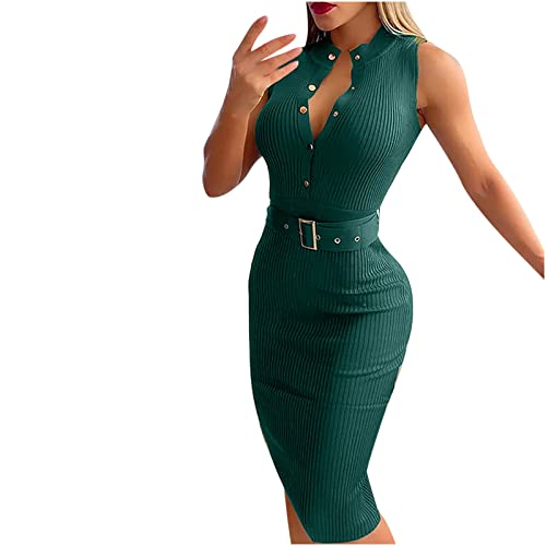 Sisifa Kleid Damen Casual Sexy Bodycon Rippstrick Midikleid Party Cocktailkleid Mock Neck Abendkleid Ärmellos Club Kleid Pulloverkleid mit Gürtel von Sisifa