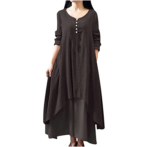 Sisifa Loses Kleid Damen Langarm Baumwolle Leinen Maxi Kleider Casual Einfarbige V-Ausschnitt Asymmetrische Taschen Langes Kleid Strandkleid von Sisifa