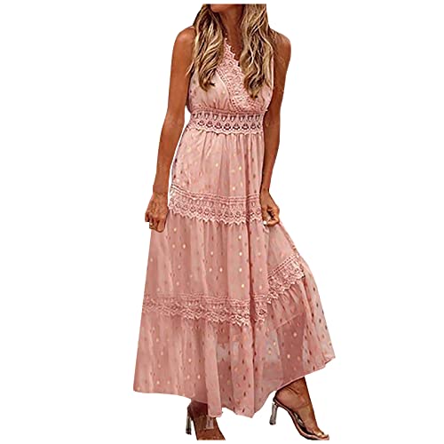 Sisifa Maxi Kleider Damen Sommer Aushöhlen Einfarbig Spitze Lang Kleid Boho Strandkleider Sommerkleid Tiefem V-Ausschnitt Flowy Swing Kleid, B-rosa, S von Sisifa