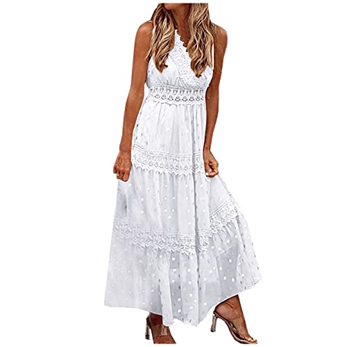 Sisifa Maxi Kleider Damen Sommer Aushöhlen Einfarbig Spitze Lang Kleid Boho Strandkleider Sommerkleid Tiefem V-Ausschnitt Flowy Swing Kleid, B-weiß von Sisifa